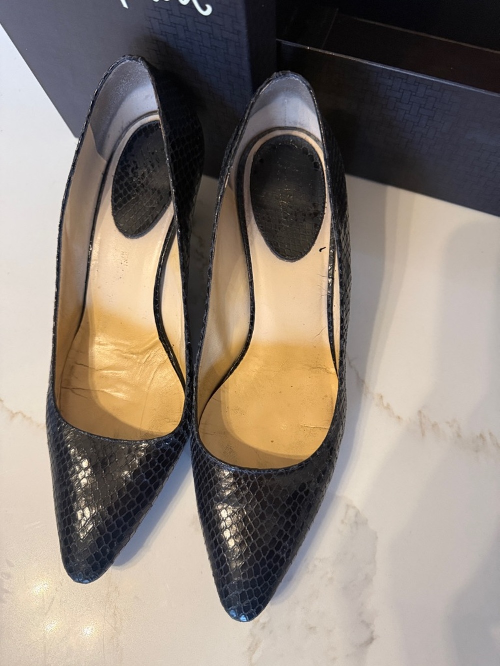 Cole Haan Black Snakeskin-Textured Pointed Toe Pumps - Picture 2 of 5